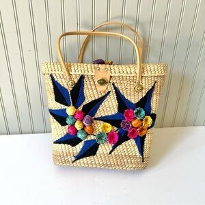 Vintage Woven Straw Bag Raffia 3D Flowers and Yarn details Satchel